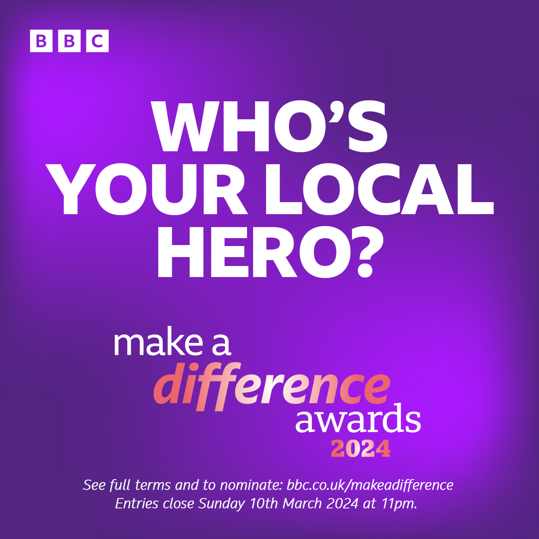 Here’s your chance to say thank you to someone who makes life better where we live 💜 Nominations are open for the BBC Radio Cumbria Make a Difference Awards. See a full list of categories and our terms: bbc.in/makeadifference Entries close at 11pm on 10/03/24