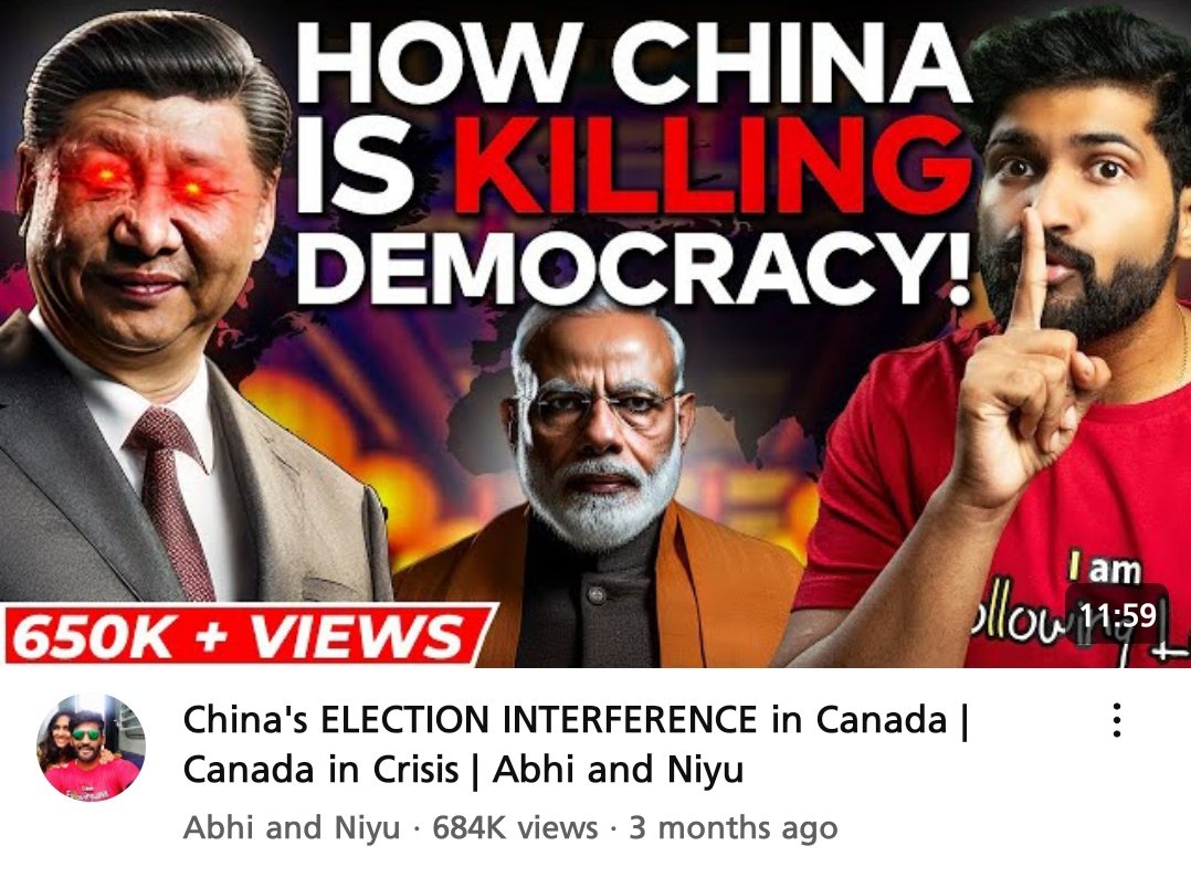 According to Abhi and Niyu, Dhruv Rathee shouldn't make videos about dictatorship in India because he doesn't live in India anymore.

But Abhi and Niyu can make videos about China k*lling democracy in Canada because they eat Hakka noodles on maple leaf plates.