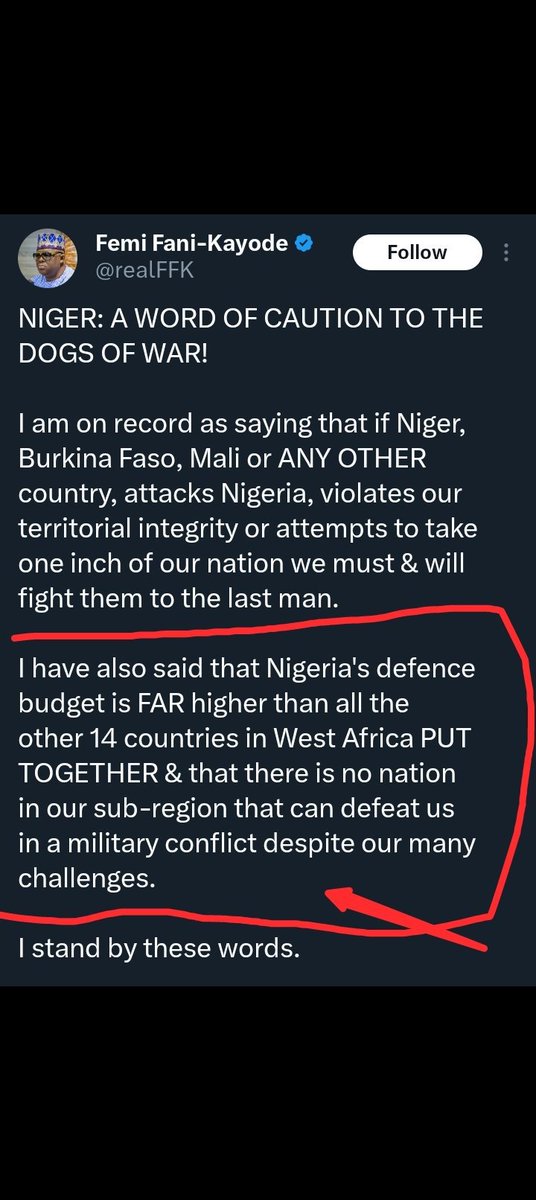 This one brag with military strength, Dem no shake. They only responded that they are ready. If Nigeria make mistake enter their country they will know how far they are prepared. Niger Brag with their Airspace. Nigeria no allow am reach one months Dem don fear lift sanction