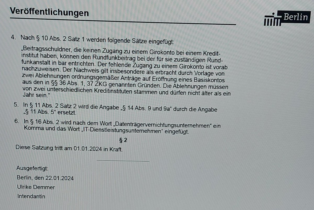 Hier wehrt sich der #RBB verzweifelt gegen #Bargeldzahlung des #Rundfunkbeitrag s
(Amtsblatt Berlin Nr.6, S318)
#OERR #Abschaffen