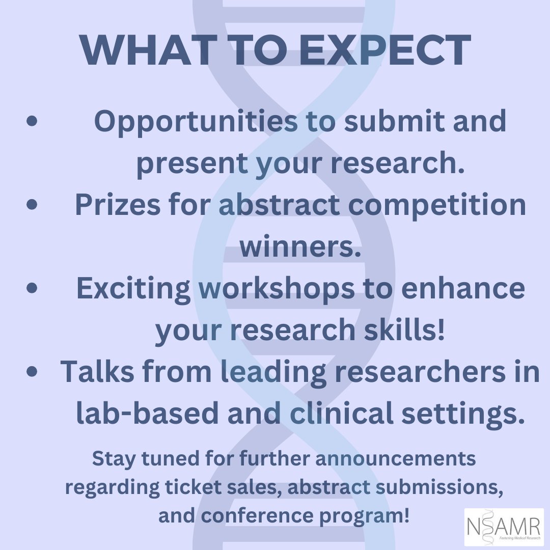 NSAMR is delighted to present our conference themed 'From Bench to Bedside'. This will take place on Saturday April 13th, 2024. 
We have a great line up of talks, and opportunities to present your research and win prizes! Stay tuned for updates on tickets and abstract submission.
