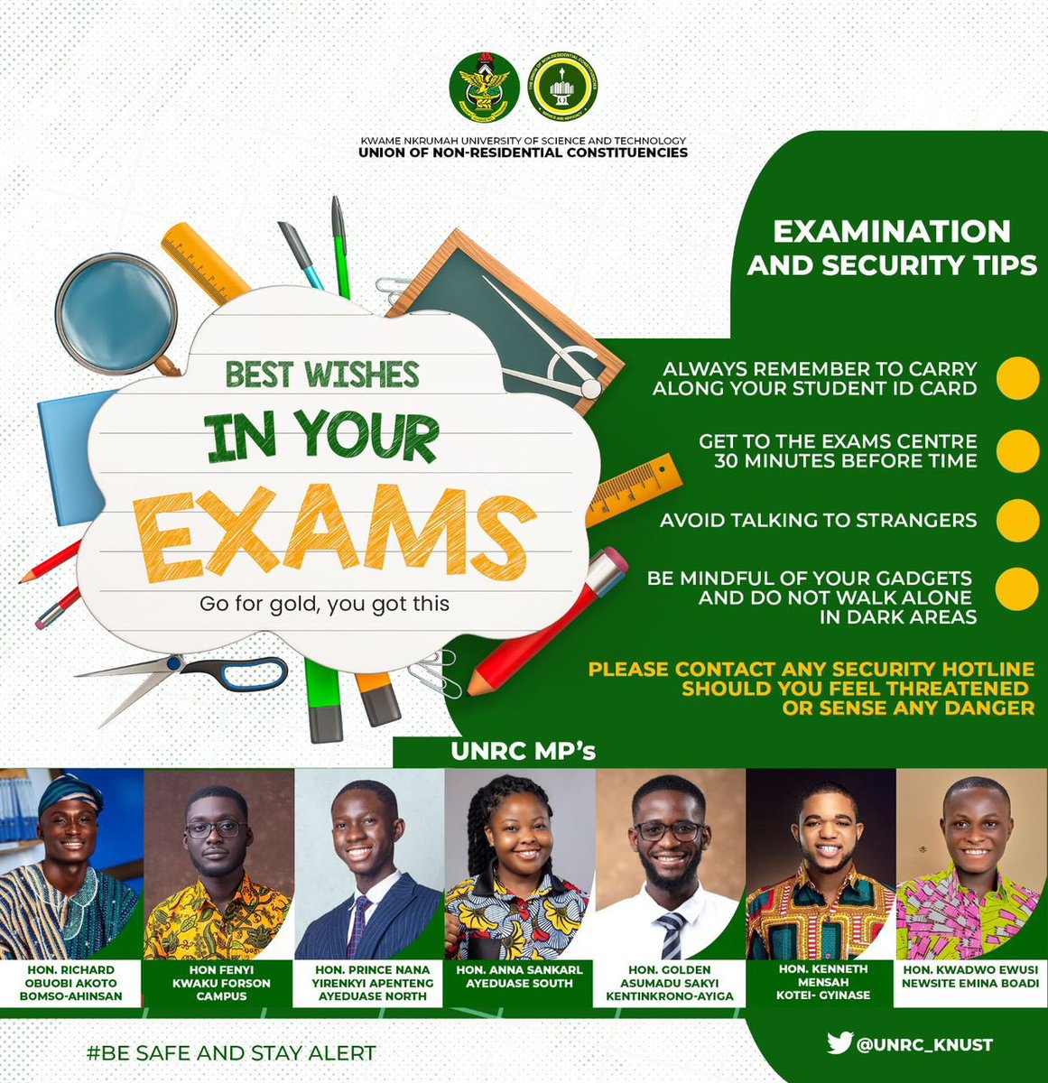 UNRC wishes you Goodluck in your exams!🟡🟢

Remember to follow the examination and security tips📌

You’ve got this!❤️
#KNUST