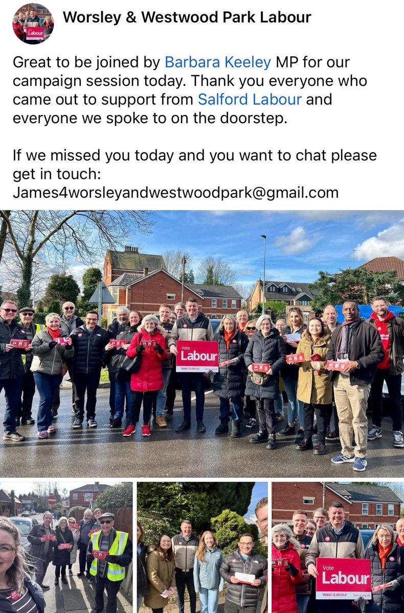 Lots of support for Labour and our 2024 election candidates James Prady, @salford_mayor and @KeeleyMP in Worsley and Westwood Park today 🌹