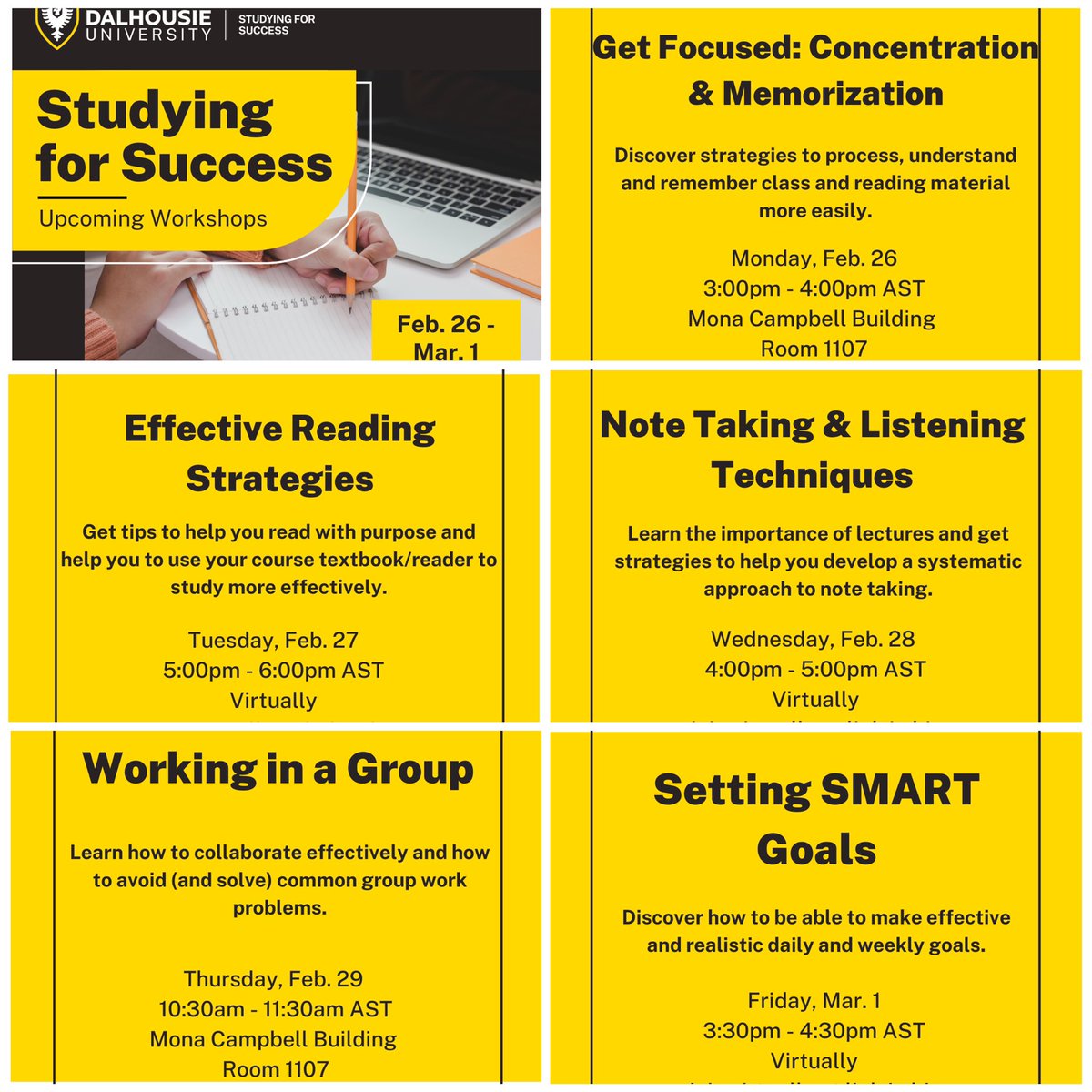 Had a nice Reading Week? Get back into the groove of studying by attending some study skills workshops. They're FREE, yet invaluable! Check out dal.ca/sfs for links. #StudentSupport #StudentSuccess #DalhousieUniversity #DalStudentLife #DalStudentSuccess #StudySmarter