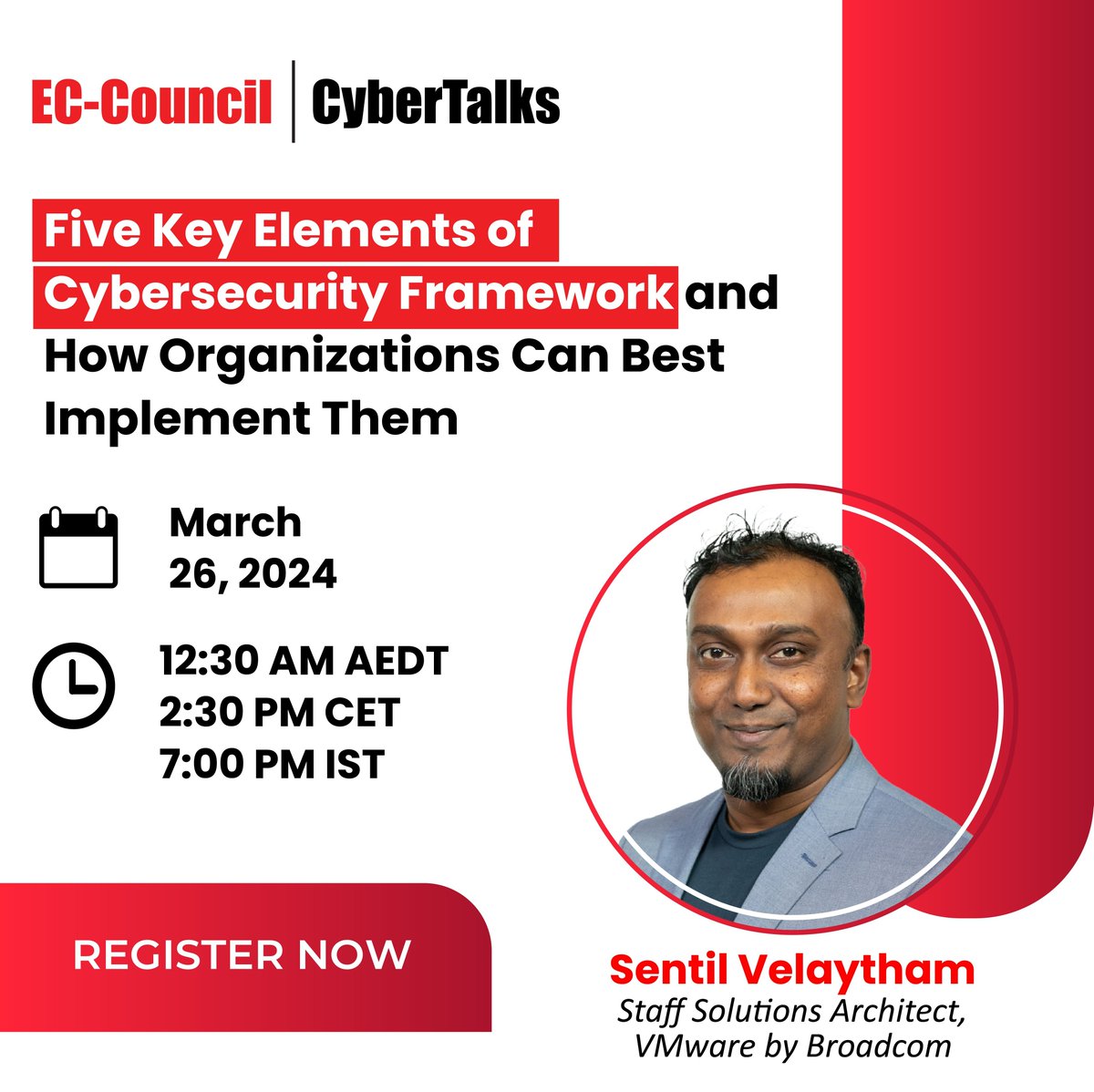 ECCOUNCIL's tweet image. Join our new #Webinar on March 26th with Sentil Velaytham, to explore the key elements for a robust #CybersecurityFramework and stay ahead of evolving #CyberThreats. 
Register now: bit.ly/3wB676M 
#Cybersecurity #CTIA