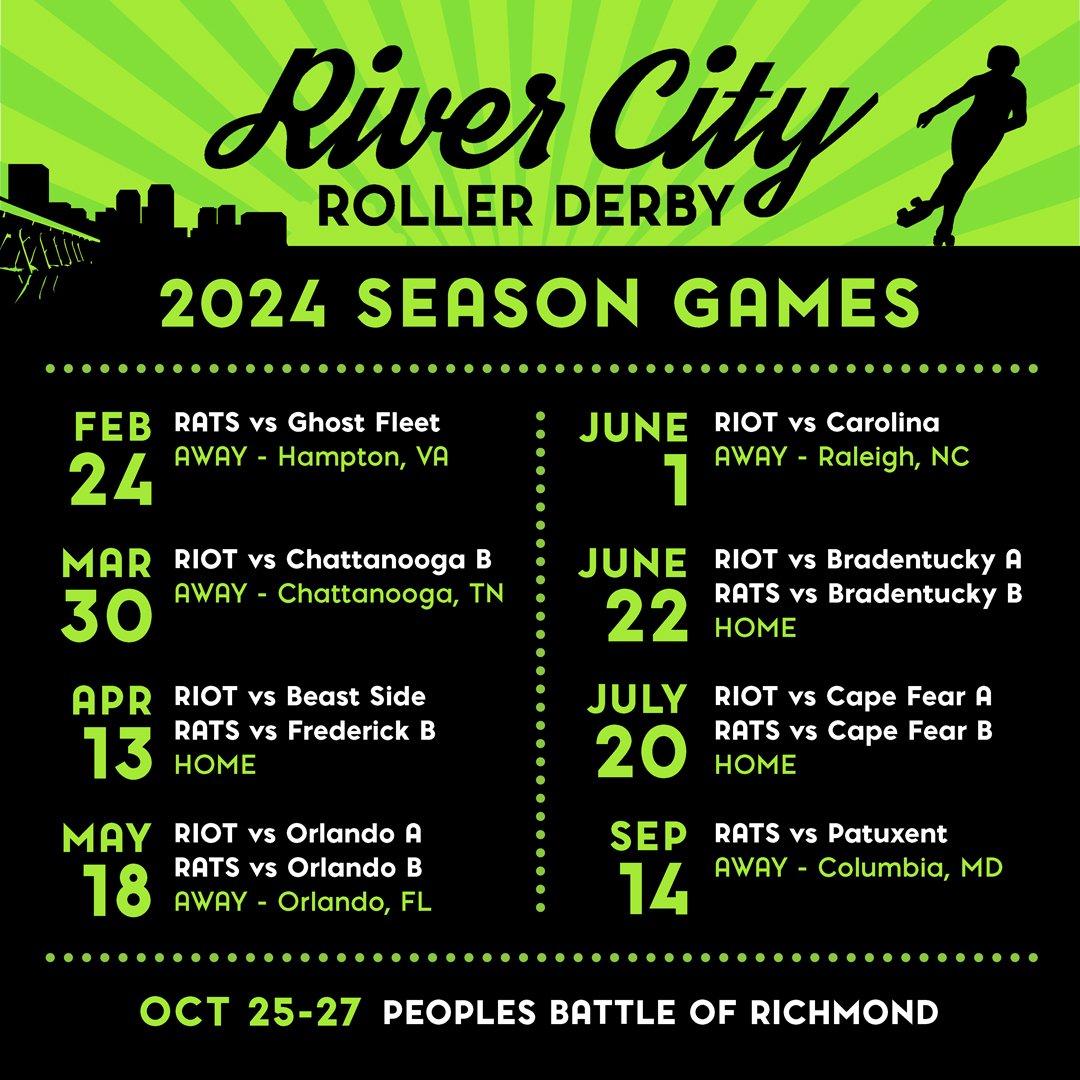 And here's our season schedule for 2024! You won't wanna miss a game- every bout should be a blast!