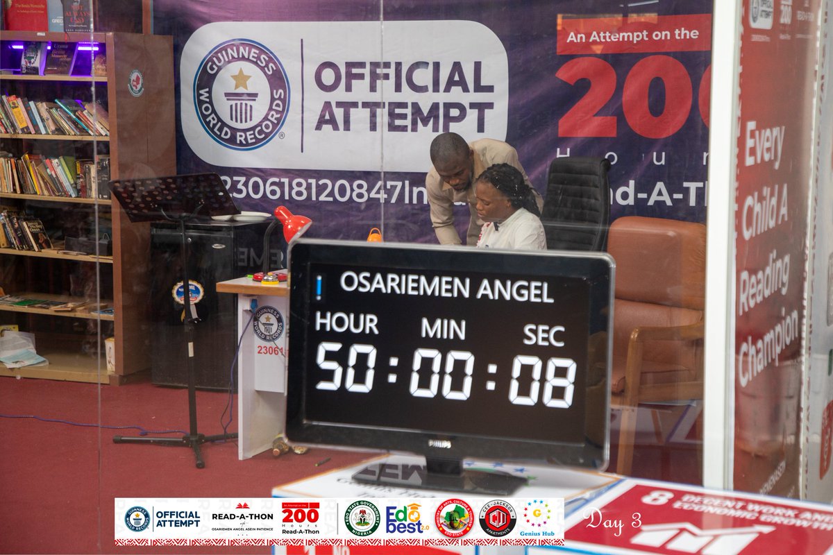 This is just the beginning, we've not gotten to the target. 200 hours Read-a-thon attempt by Asein Angel Osariemen Patience

#angelriemengwr #angelriemen #angelriemenreads #ariemenreadathon #gwr #benincity