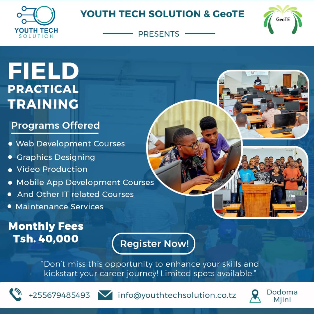 Facing difficulties in finding a suitable place for your field study in IT &amp; related faculties? 
<a href="/youthtechsoln/">youth tech solution</a> in collab. With <a href="/Geotetanzania/">geotetanzania</a> brings a chance for UNI students to perform field study &amp; gain valuable experience.
@TCRA_Tz <a href="/AGRA_Africa/">AGRA - Sustainably Growing Africa’s Food Systems.</a> <a href="/TheMissingMaps/">Missing Maps</a> <a href="/UN_Mappers/">UN Mappers</a>