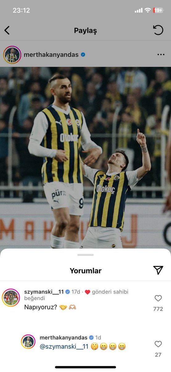 Szymanski’nin Mert Hakan Yandaş’ın paylaşımına attığı yorum “ Napıyoruz ? 🤝🫶“