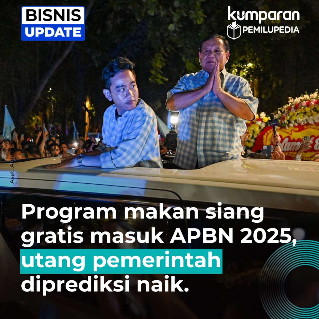 kumparan's tweet photo. Menko Perekonomian Airlangga Hartarto memastikan anggaran untuk program makan siang dan susu gratis yang diusung Prabowo-Gibran, akan masuk dalam APBN 2025. #pemilupedia #bisnisupdate #update #bisnis #oneliner https://t.co/jkzLO1XK5q https://t.co/iinvMlfu6W