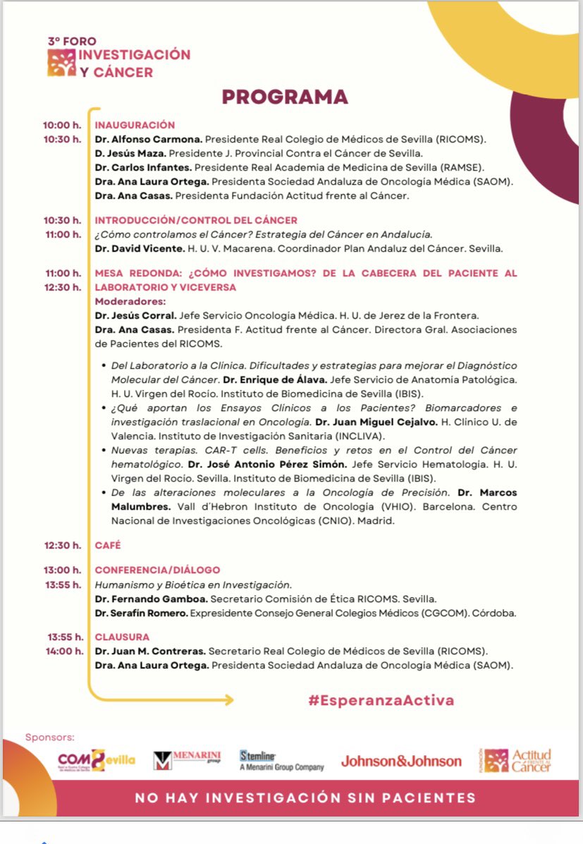 Os invito al 3° Foro #InvestigaciónyCáncer 🗓️sábado, 2 de Marzo 📍Colegio de Médicos-Sevilla Ponentes excelentes ‼️ Líneas clave sobre el avance de la INVESTIGACIÓN en CÁNCER ➕ BIOETICA #EsperanzaActiva #EstrategiaCancerAndalucia @saludand @HospitalUVRocio @RICOMSevilla