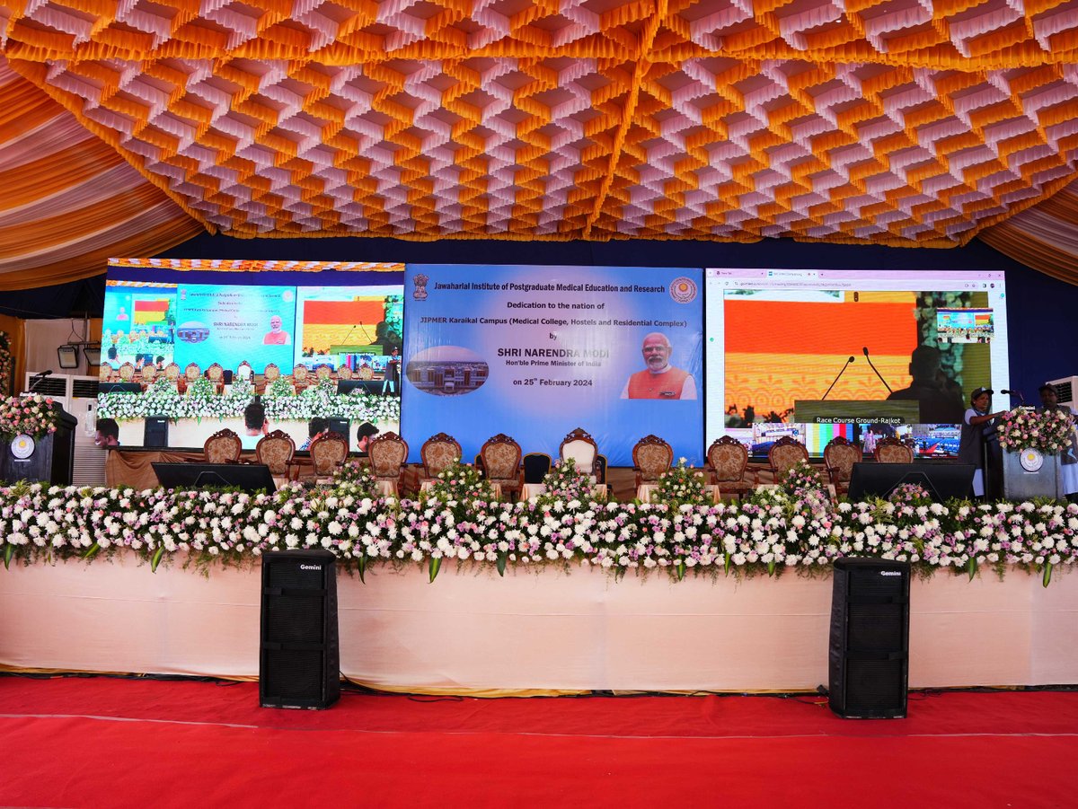 OfficialJipmer's tweet photo. Today marks a historic moment as PM Narendra Modi ji virtually inaugurates the JIPMER Karaikal Campus! 🏥 This state-of-the-art facility promises to revolutionize healthcare in the region and beyond.  #JIPMERKaraikal #HealthcareForAll #InaugurationDay https://t.co/nQEWTzi0jl