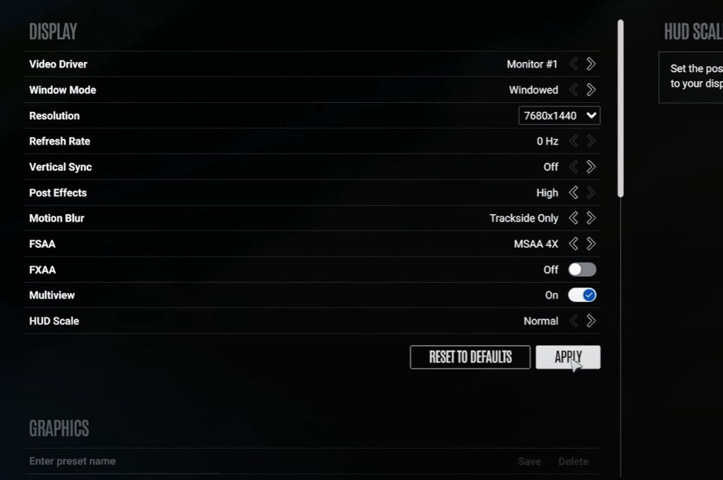 Le Mans UltimateのNVIDIA Surround使わない3画面

Config_DX11.iniのCustomVidRes変更
ゲーム起動してグラの設定でResolutionでそれ選択してAPPLY
そのままMultiviewをOnにしてもう一回APPLY
でOK
BorderlessGamingも不要
あと、コースに出てからFOV変えたほうがいいみたい