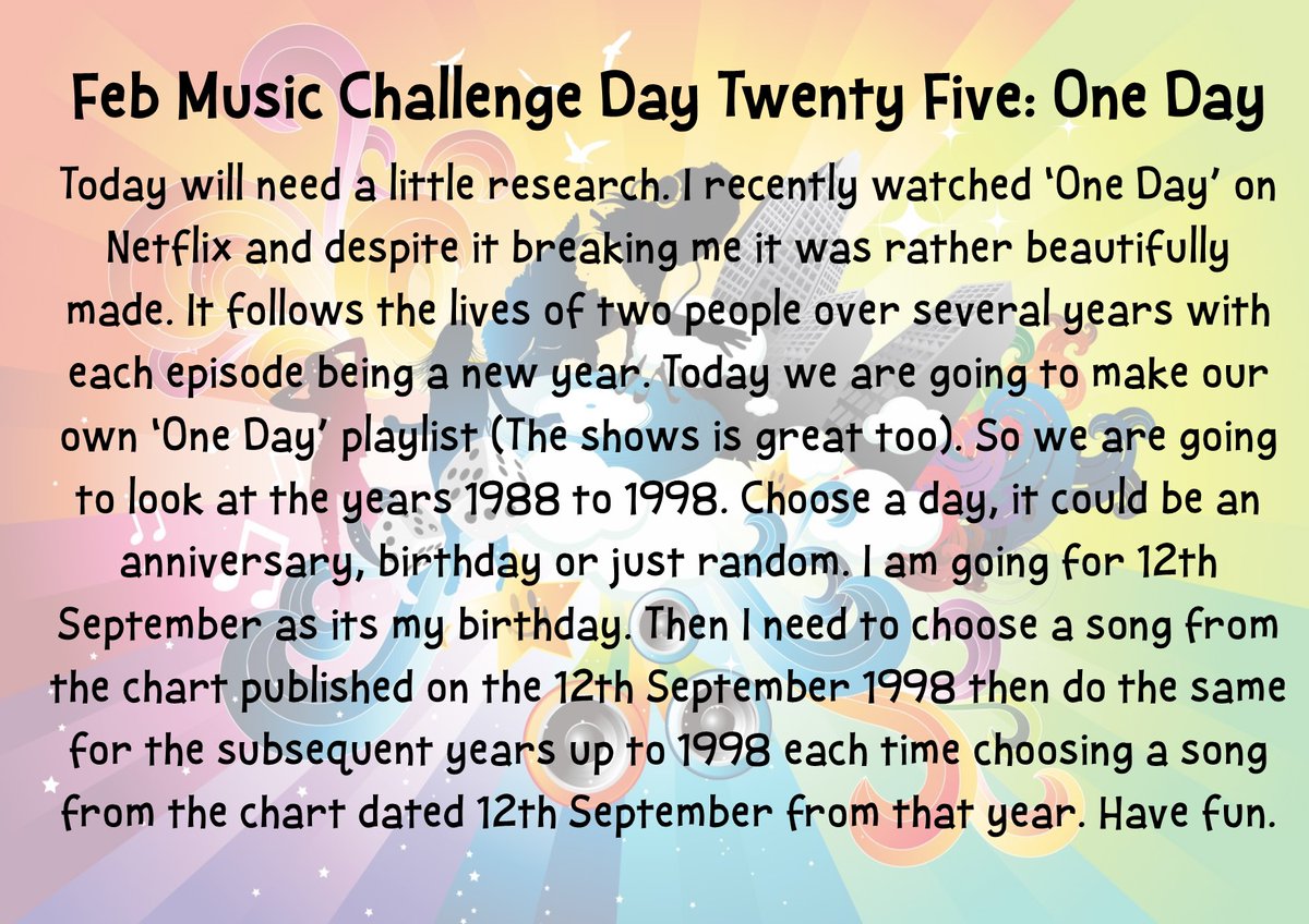 Based on the wonderful #OneDayNetflix  #FebMusicChallenge24 @birch_david <a href="/aly_sea/">Alex Seaford</a>
<a href="/fodohpf/">Fodo Higginson</a>  <a href="/Suey2chaussures/">Sue O'Malley</a>
<a href="/HecticTeacher/">Hectic Teacher 🐈‍⬛🐾☕</a> <a href="/wendystewart78/">Wendy</a> @JNCurricEdu
@clmassey68 <a href="/BettyFeathers/">Lis Featherstone</a> <a href="/8bitteacher/">Ria</a> <a href="/simonkidwell/">Simon Kidwell</a> <a href="/KazWStu/">Kaz W Stu 🏴󠁧󠁢󠁳󠁣󠁴󠁿 ⚔</a> <a href="/rondelle10_b/">B Yusuf FCCT👩🏾‍🔬 FRSA | Whole School Wellbeing</a> @TriciaPower1 <a href="/NickCorston/">Nick Corston FRSA 🔥🚀</a> <a href="/MenaiN/">Menai N 🦉🏺🏰</a> <a href="/ictlinks/">Mark Boylan: Apple Learning Leader</a>