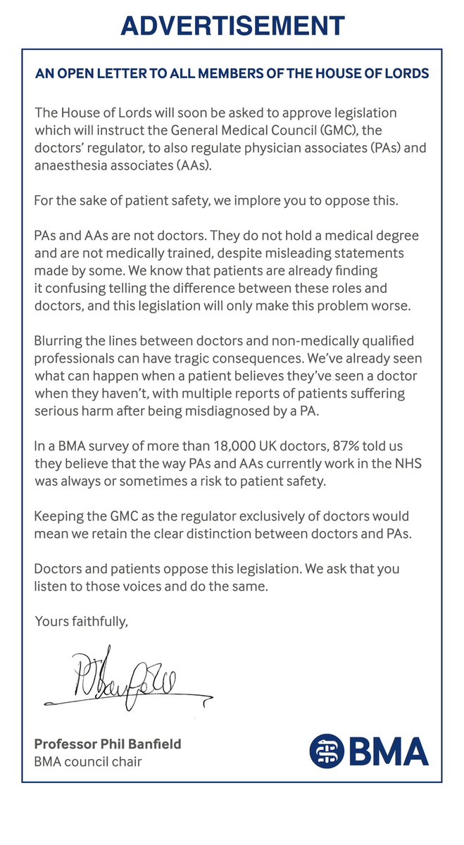 Tomorrow (Monday 26 February) the House of Lords will debate PA regulation by the GMC. Read our open letter to Peers asking them to oppose this legislation. If you have not yet written to a Peer about your concerns, there is still time: activism.bma.org.uk/page/142779/ac…
