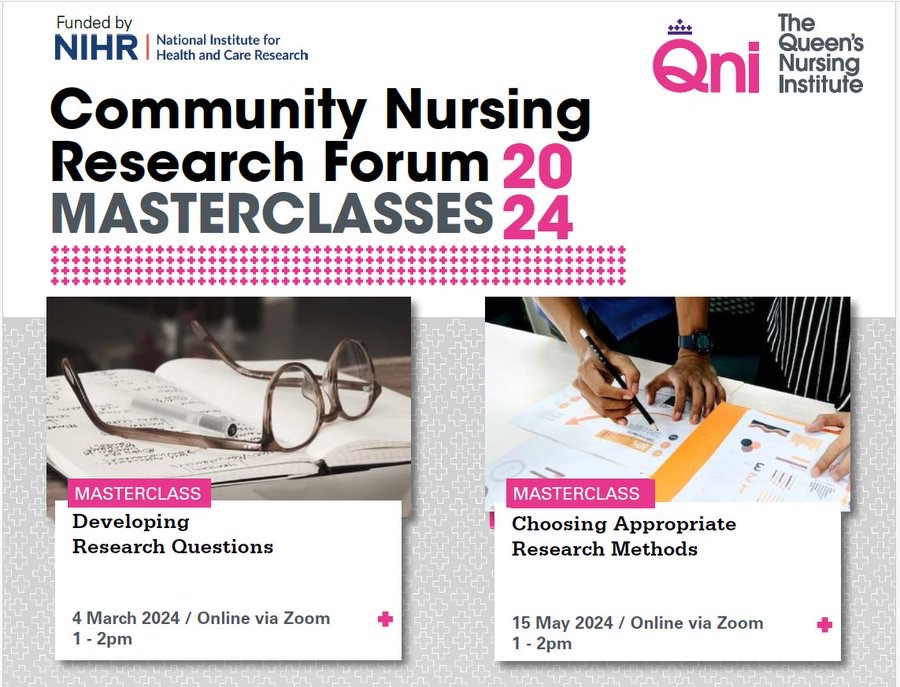 Masterclasses on research methods - free for all nurses interested in research in the community Details to book 🆓⬇️ & Pls share qni.org.uk/news-and-event… Part of @TheQNI Community Nursing Research Forum & funded by @NIHRresearch. #CNRF @stephlawrence5 @CrystalOldman