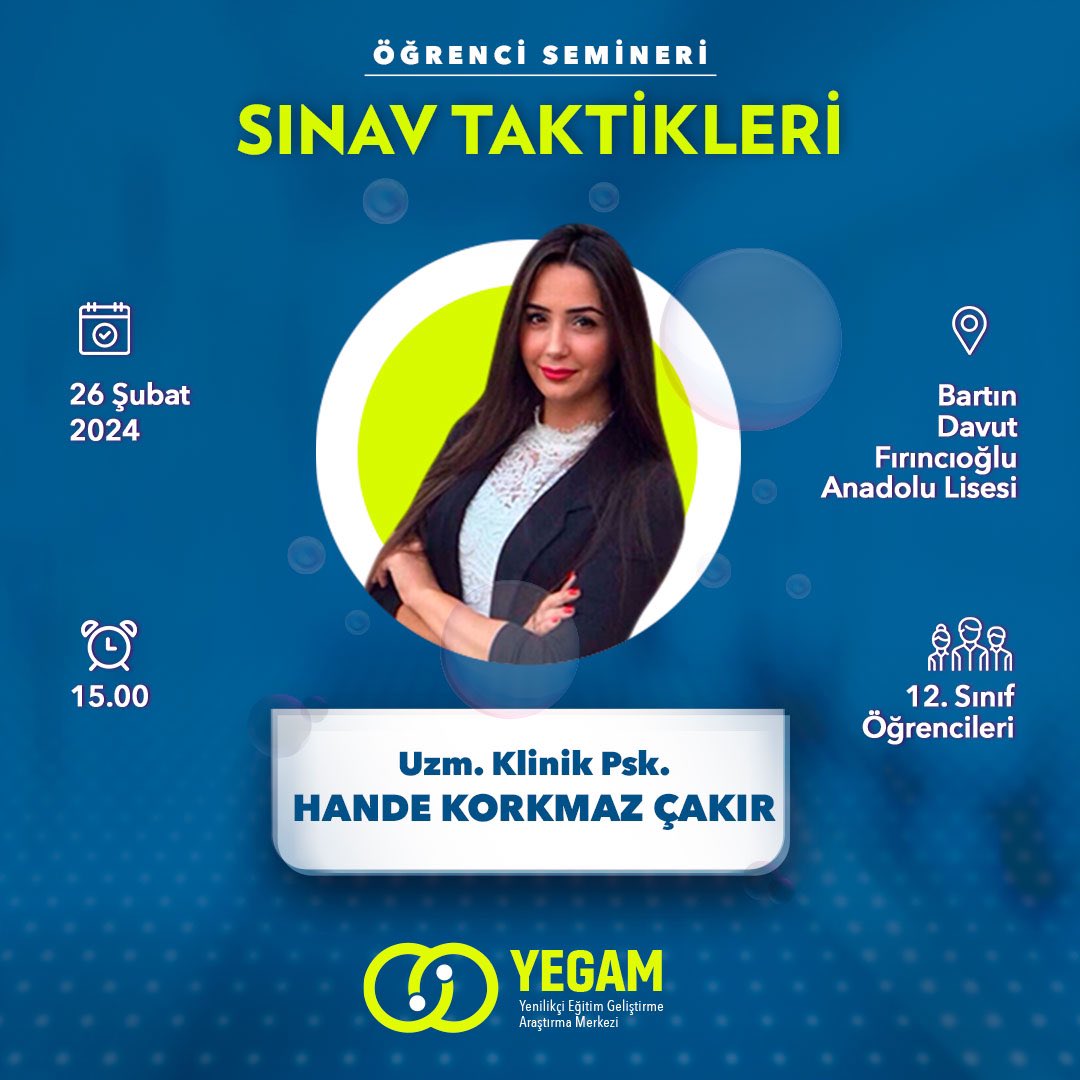 26 Şubat Pazartesi günü Uzman Klinik Psikolog Hande Korkmaz Çakır Bartın Davut Fırıncıoğlu Anadolu Lisesi 12. Sınıf öğrencileri ile “Sınav Taktikleri” seminerinde bir araya geliyor📢
