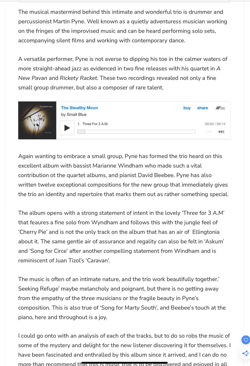 Delighted to get this great review for the new album from @JazzViews . Find the album on my @Bandcamp page. martinpyne.bandcamp.com/album/the-stea… jazzviews.net/small-blue-the…