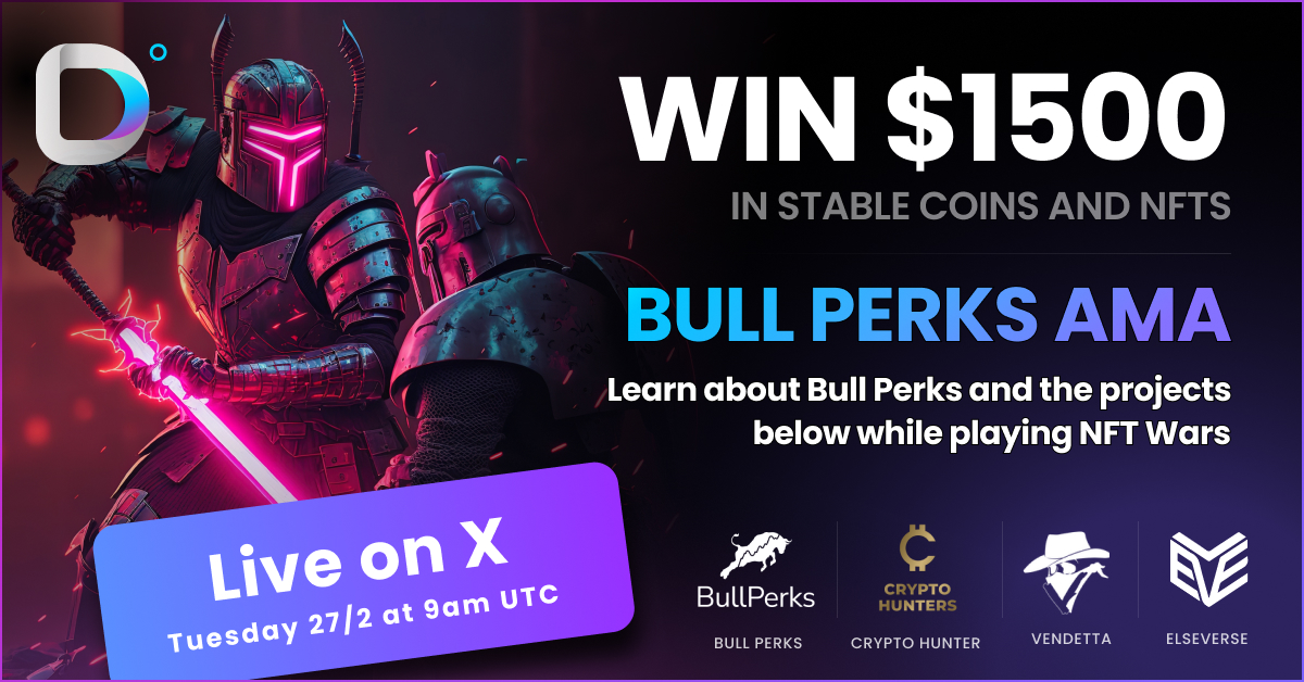 Get hyped, NFT enthusiasts! It's time to flex your portfolio muscle and snag some serious rewards in our epic AMA alongside @bullperks, @chtvshow, @VendettaGamesHQ, @ElseVerseWorld! ⏳ Tuesday 27th, 9 AM UTC 💰 Prize Alert: A whopping $1500 in Stable Coin and NFTs up for grabs!