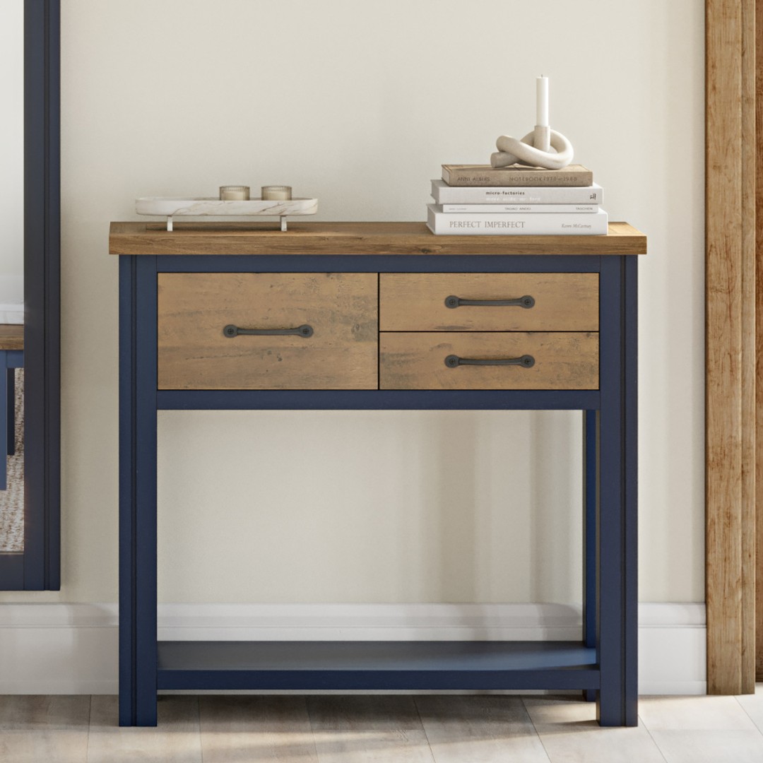 wood_furniture's tweet image. NEW RANGE ALERT! A compact design, the Splash Of Blue console table is perfect for even the narrowest hallway space. It has 1 large and 2 smaller drawers, a useful shelf at the base and the top is an ideal size for a lamp #WoodenFurniture #ConsoleTable wooden-furniture-store.co.uk/splash-of-blue…