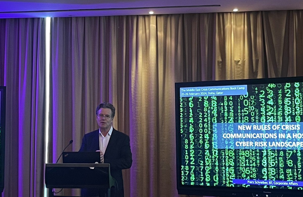 Corporate affairs must be at board level if a company is to manage reputational and operational risk of cyber. HR is also a critical function - Piers Schreiber of <a href="/BT/">BT</a> at @thepworld Crisis Comms Bootcamp in Doha #CCBCQA