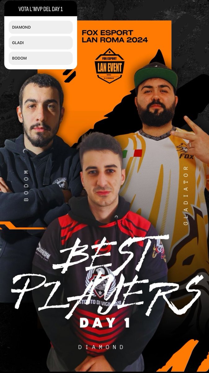 #callofduty 
#Diamond nominato mvp player della prima giornata di #Lan a #Roma
Day due in #live twitch.tv/foxesportita

#goEMME #Esports 
Sponsor
#Mfc <a href="/Dombai_Europe/">Dombai Sports Europe</a> #DMCostruzioni fidelityandsecurity.com #iWoz