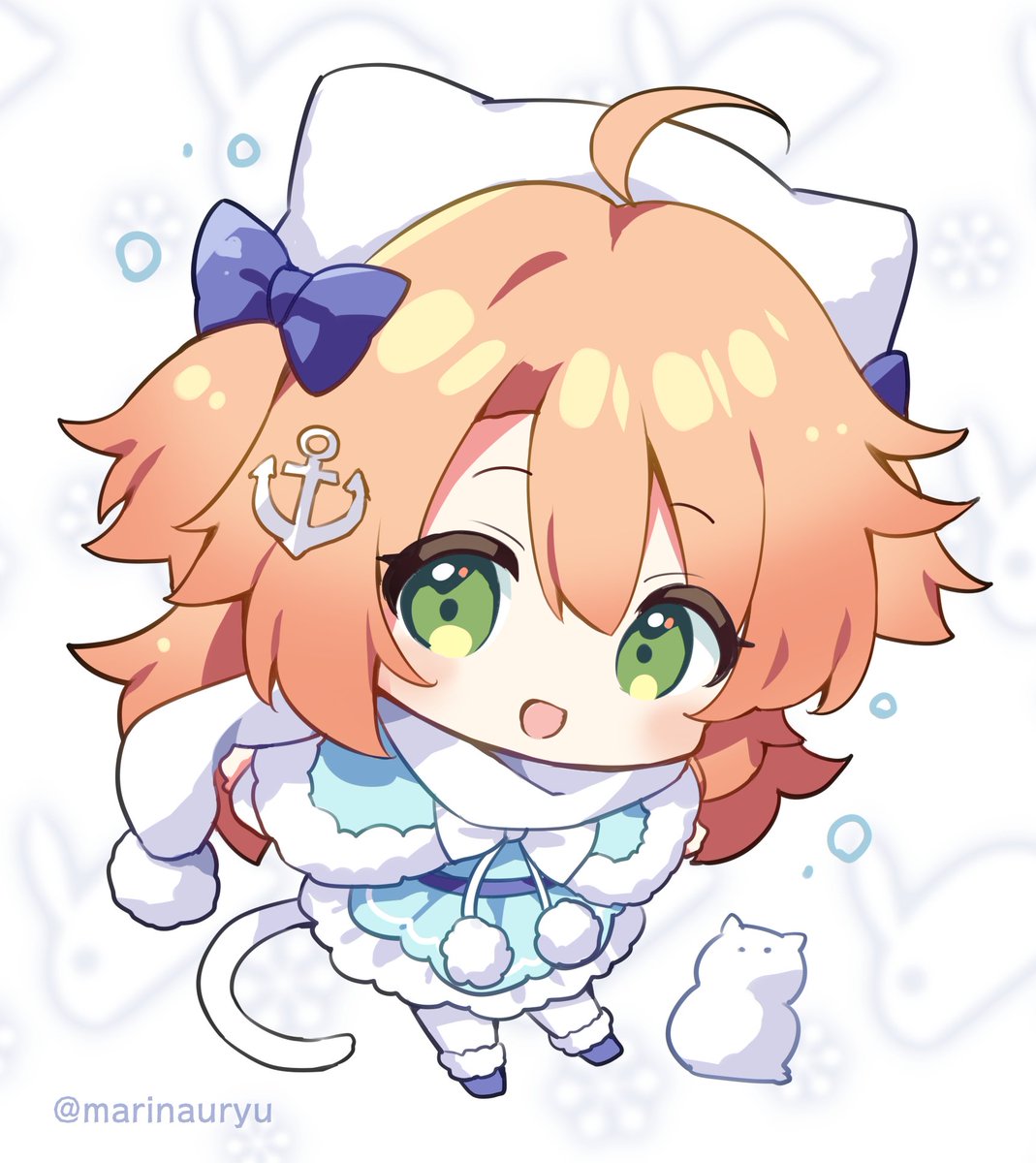 1girl green eyes chibi solo smile hat cat tail  illustration images