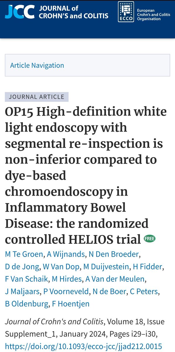 🇸🇪 #ECCO2024 🇸🇪 🦌 ❄️
🔥 randomized controlled HELIOS trial

✅️ HD-WLE with SR was non-inferior compared to HD-CE for CRN detection in IBD pts

📘abstract in @JCC_IBD
👉 tinyurl.com/yr42phnn

@Y_ECCO_IBD @OUPAcademic @my_ueg @ESGE_news @MondayNightIBD #GITwitter #IBDTwitter