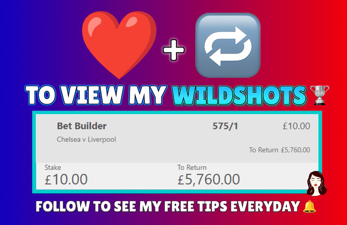 EmilyTaylorTips's tweet image. Who wants me to post this 575/1 WILDSHOT bet builder today?🔥

I have already posted a 1000/1 Acca on my Instagram! 😍

Everybody who ❤️ and retweets this tweet will be able to see my bet builders today! 👀

Turn my notifications on and follow to receive my tips🔔