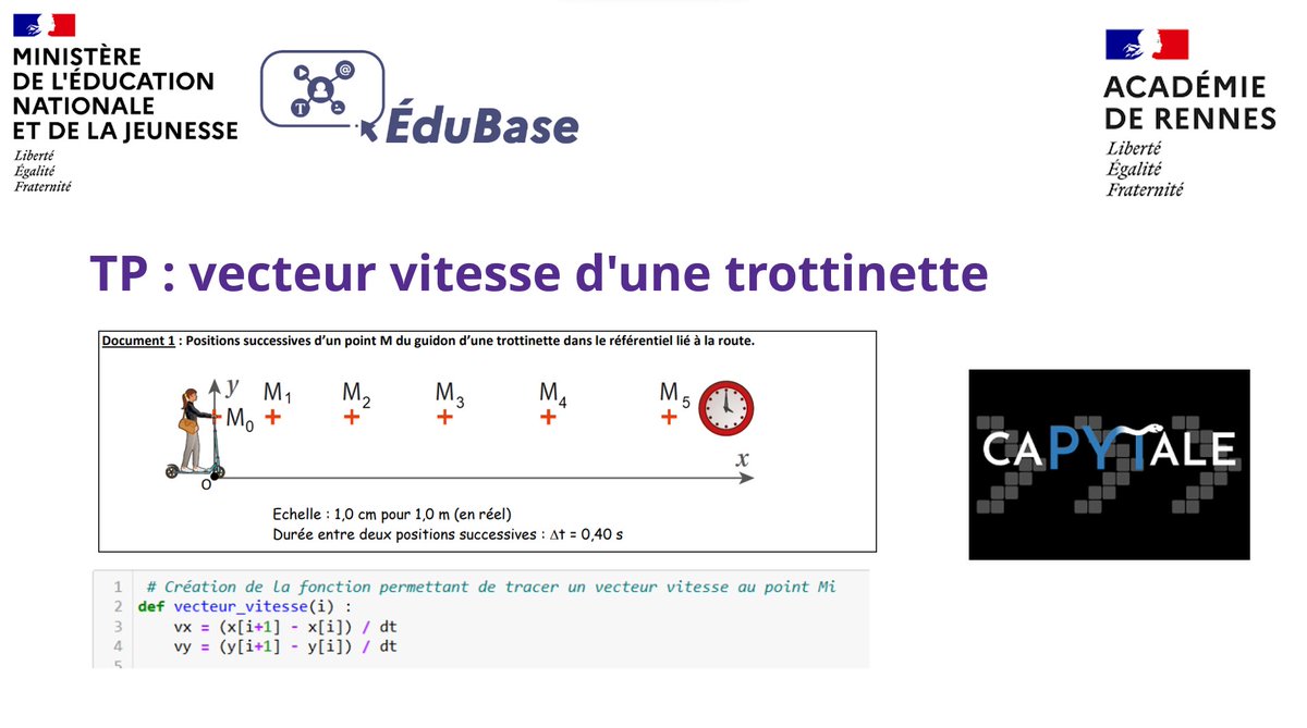 physchi_edu_num's tweet image. [Scénario pédagogique #PC]
𝐓𝐏 : 𝐯𝐞𝐜𝐭𝐞𝐮𝐫 𝐯𝐢𝐭𝐞𝐬𝐬𝐞 𝐝'𝐮𝐧𝐞 𝐭𝐫𝐨𝐭𝐭𝐢𝐧𝐞𝐭𝐭𝐞
#Python &amp;amp; pour le partage d’activités de codage  : @CapytaleFr 
Une activité expérimentée en classe par l’@acrennes
✅ Niveau : 2nde GT
#édubase #Ress_num
➡️ edubase.eduscol.education.fr/fiche/22356