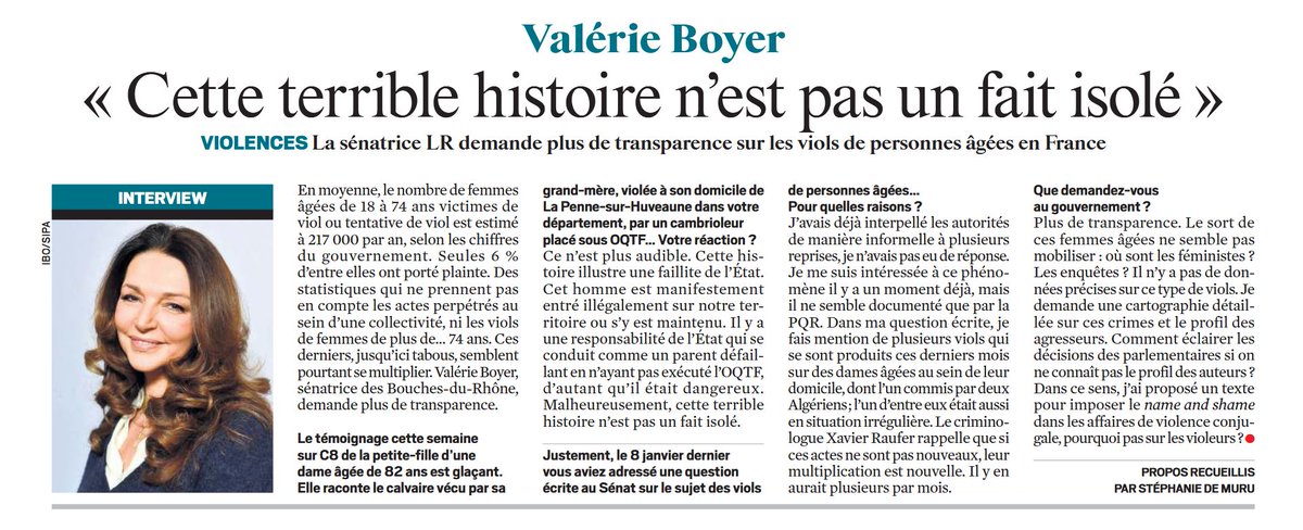 Attaques au couteau, viols de nos ainés... je demande au Gouvernement de faire toute la transparence sur ces actes qui ne sont pas simplement des faits divers mais de véritables faits de société. Les Français doivent connaitre les chiffres ! Retrouvez mon interview dans <a href="/leJDD/">Le JDD</a>