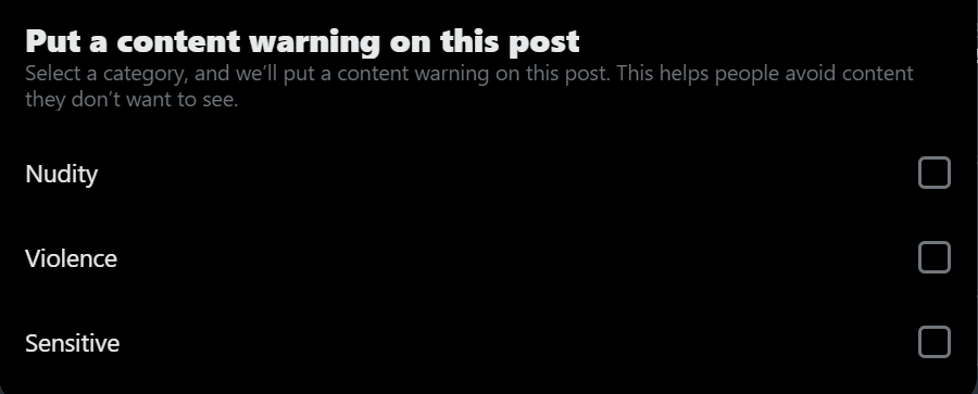 <a href="/TamagoPost/">SOC-IE 🩷💚💛🥀</a> ㅤ

LUCIEL.
My account my rules my ass kalau mootsnya banyak bukan temen akrab apalagi baru followan terus tiba-tiba post MEDIA SENSITIF (contoh: vulgar porn, etc) terus enggak pakai fitur ini. Stop bertingkah kayak RPY di OCRP, menurut saya.

ㅤ