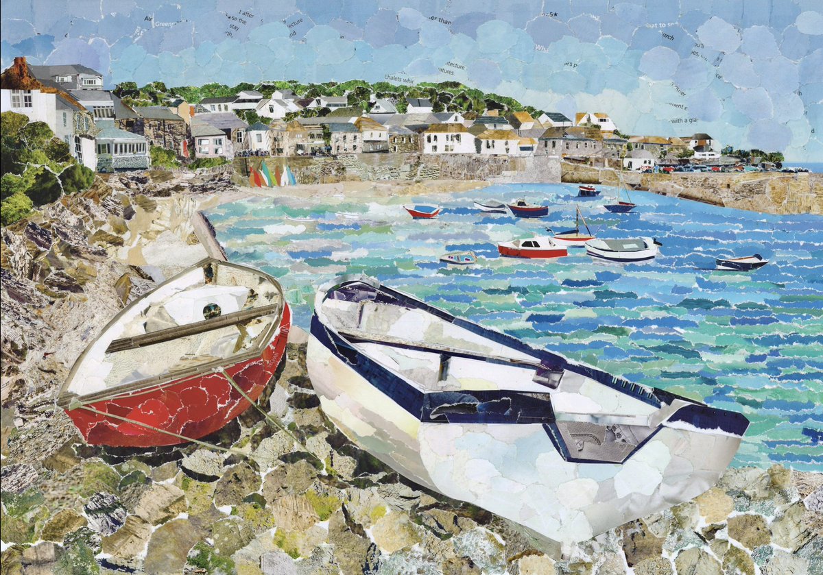 Junkmailart's tweet photo. A Paper Collage of Mousehole was very much next on my agenda!  Having taken lots of photos on visits there I rather liked this view, knowing the boats would work really well in my collage! 💙
#cornwall #mousehole #art #collage https://t.co/8zUGu0rcnW