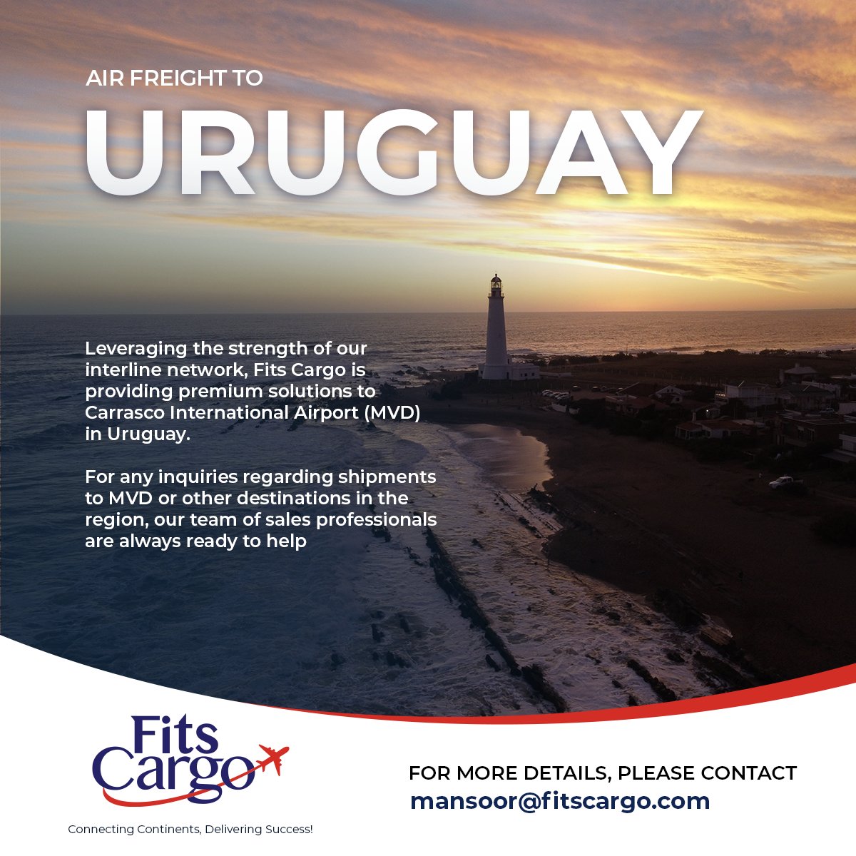 For any Air export shipments from BOM, COK or GOI to Carrasco International Airport (MVD), Montevideo, Uruguay, please feel free to contact me on mansoor@fitscargo.com #Aircargo #Export #Airfreight #import #logistics #Freightforwarding #Supplychain #Pharma #Chemicals #dgcargo