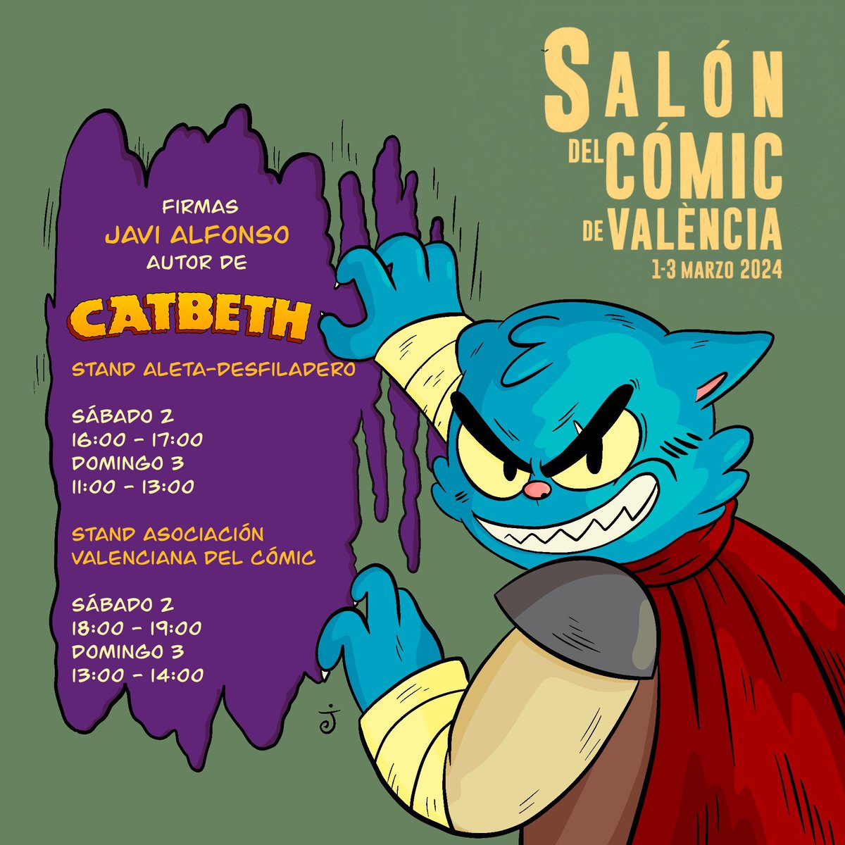 javialfonsomos's tweet photo. Este minino vuelve al @SalonComicVlc. Si queréis llevaros vuestro ejemplar de #Catbeth firmado y con una ilustración personalizada, podréis encontrarme en los stands de @aletaediciones @DesfiladeroE y @ComicVlc. ¡MIAU! 😻 https://t.co/ZnL0smk95t