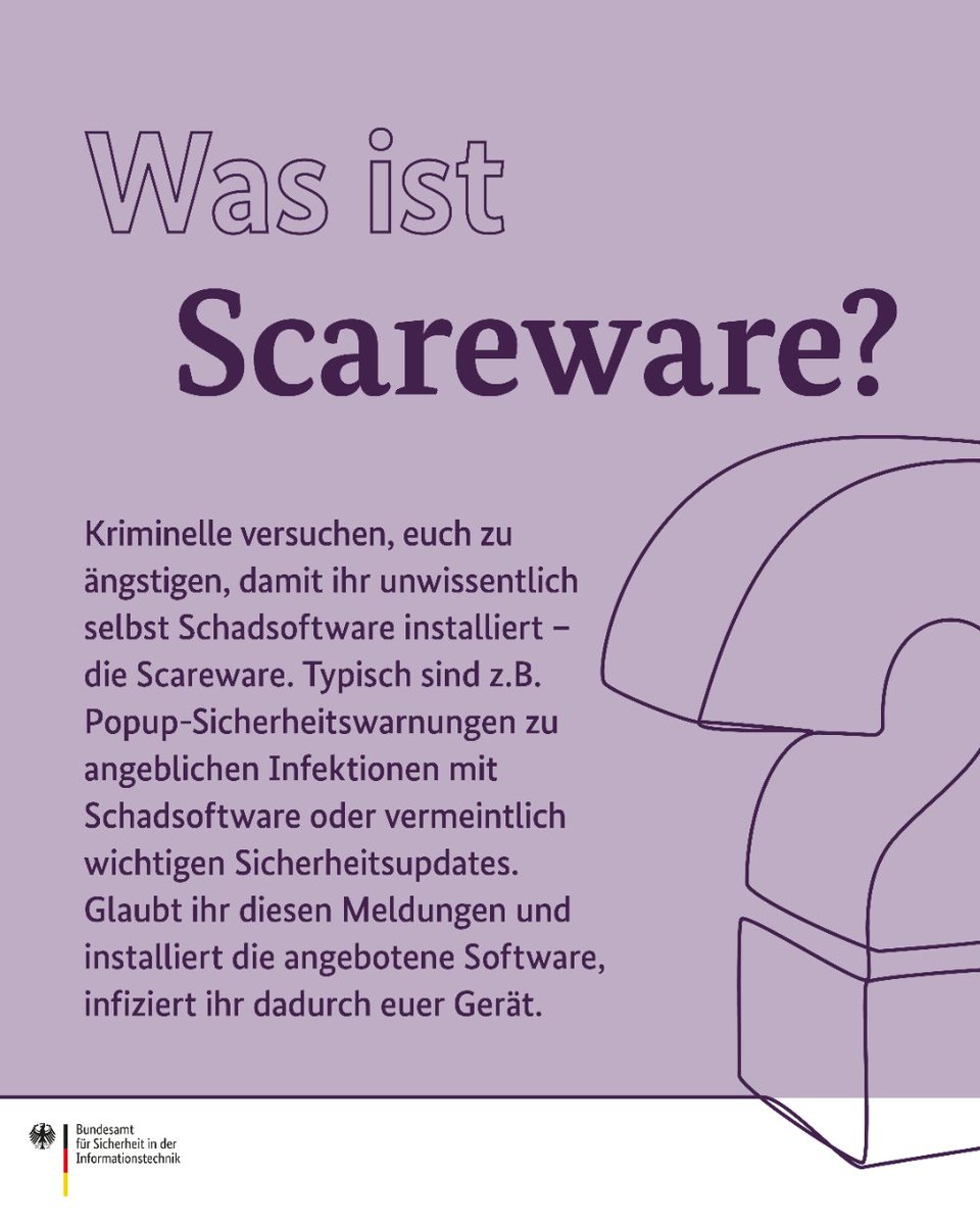 😱Sind auf euren Bildschirmen schon mal zwielichtige Meldungen aufgepoppt, die zur Installation angeblicher #Sicherheitssoftware auffordern? Wenn ja, könnte es #Scareware gewesen sein. 🤓

#DeutschlandDigitalSicherBSI