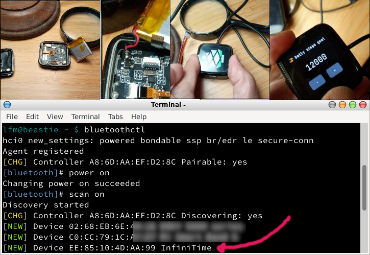 I found time to work with the #InfiniTime dev kit. Happy to see it on bluetooth scan 😍 Now time to work on pairing it with #MyGNUHealth PHR to sync heart rate and steps info! #HappyHacking #privacy #eHealth #GNU #OpenScience @gnuhealth @thepine64