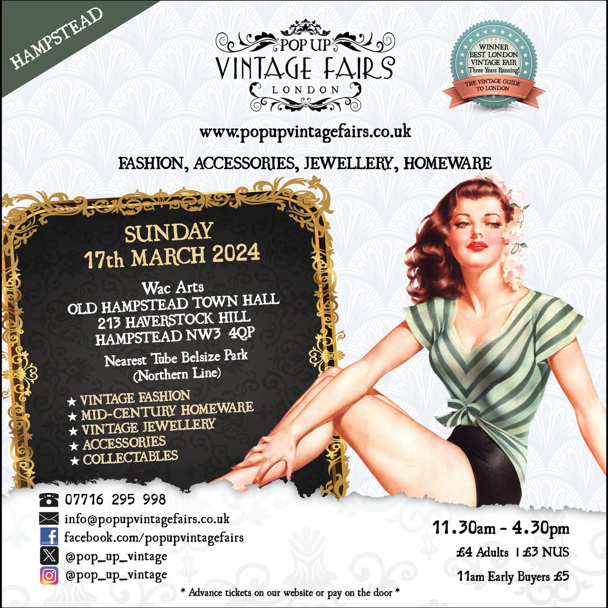 Pop Up Vintage Fairs (@pop_up_vintage) on Twitter photo 🗓️ SUNDAY 17th MARCH
⏰ 11:00-16:30
📍Hampstead Town Hall
213 Haverstock Hill
London NW3 4QP
🎟️ Advance tickets bit.ly/3HBNPop or
pay on the door
<a href="/HampsteadHighSt/">Hampstead High St</a> <a href="/BelsizeVillage/">Belsize Village, London, NW3</a> <a href="/hampsteadtweets/">Hampstead & NW3</a> <a href="/LondonPopups/">LondonPopups</a> <a href="/Pramstead_/">Pramstead</a>
#london #hampstead #vintagefair #SundayFunday 🗓️ SUNDAY 17th MARCH
⏰ 11:00-16:30
📍Hampstead Town Hall
213 Haverstock Hill
London NW3 4QP
🎟️ Advance tickets bit.ly/3HBNPop or
pay on the door
<a href="/HampsteadHighSt/">Hampstead High St</a> <a href="/BelsizeVillage/">Belsize Village, London, NW3</a> <a href="/hampsteadtweets/">Hampstead & NW3</a> <a href="/LondonPopups/">LondonPopups</a> <a href="/Pramstead_/">Pramstead</a>
#london #hampstead #vintagefair #SundayFunday
