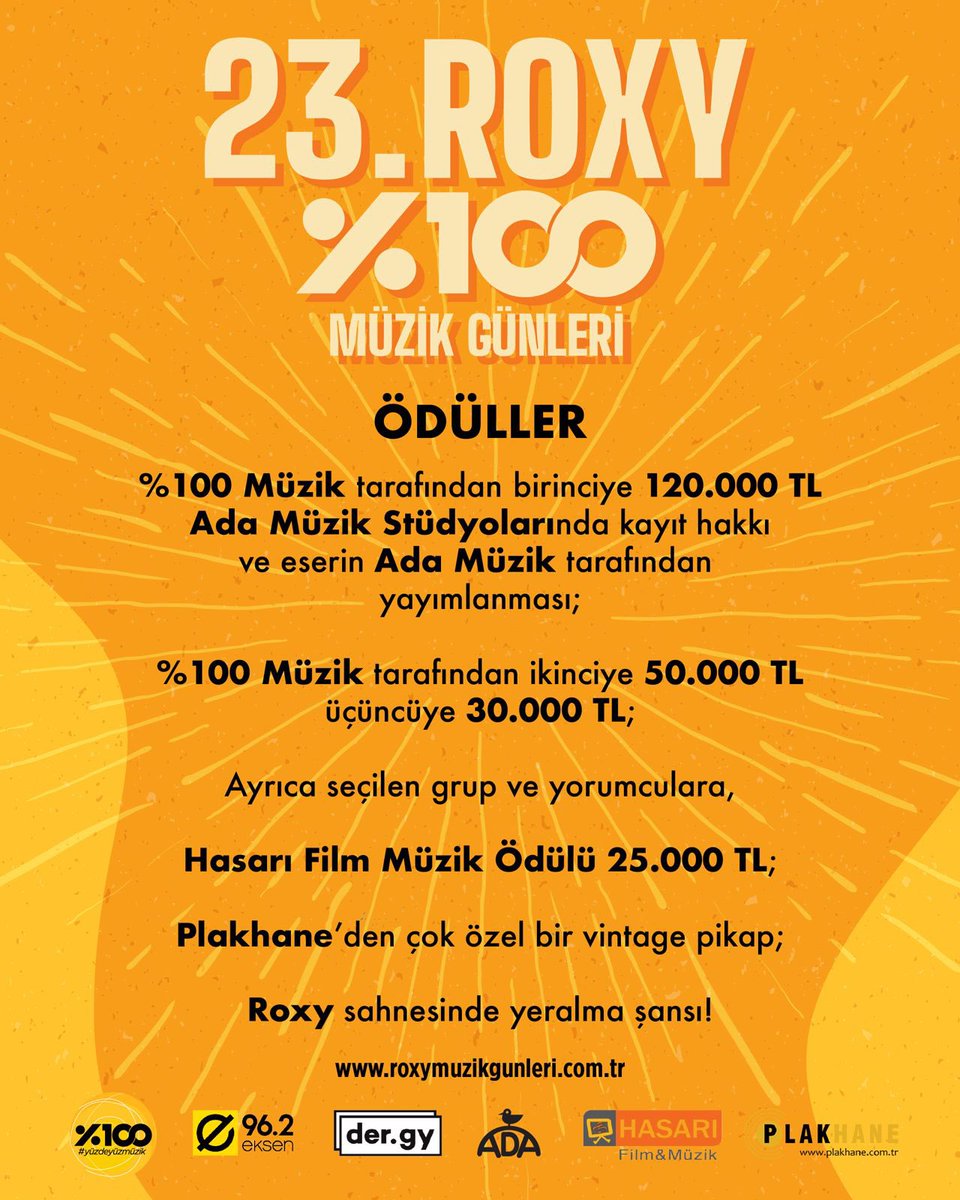 Müziğinin yola çıkma zamanı! Kendi müziğini yapıyor ve özgün bestelerine güveniyorsan 2 Nisan’a kadar 23. Roxy %100 Müzik Günleri’ne başvur. Sahne performansları 14-15-16, Ödül Töreni 17 Mayıs’ta