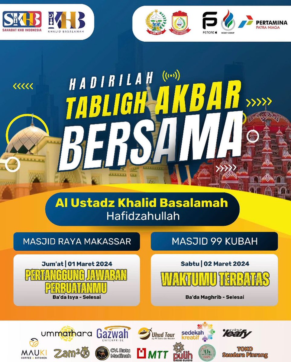 Bantu viralkan!!!! 
Stop beri paggung penceramah Wahabi Salafi. 

Pemkot Makassar support kajian penceramah Wahabi. Malah juga di endorse Pertamina. Fatal!!! 
Acaranya 1 Maret 2024.

Khalid Baasalamah mengharamkan pajak, melarang nyanyi Indonesia raya, wayang haram dll.