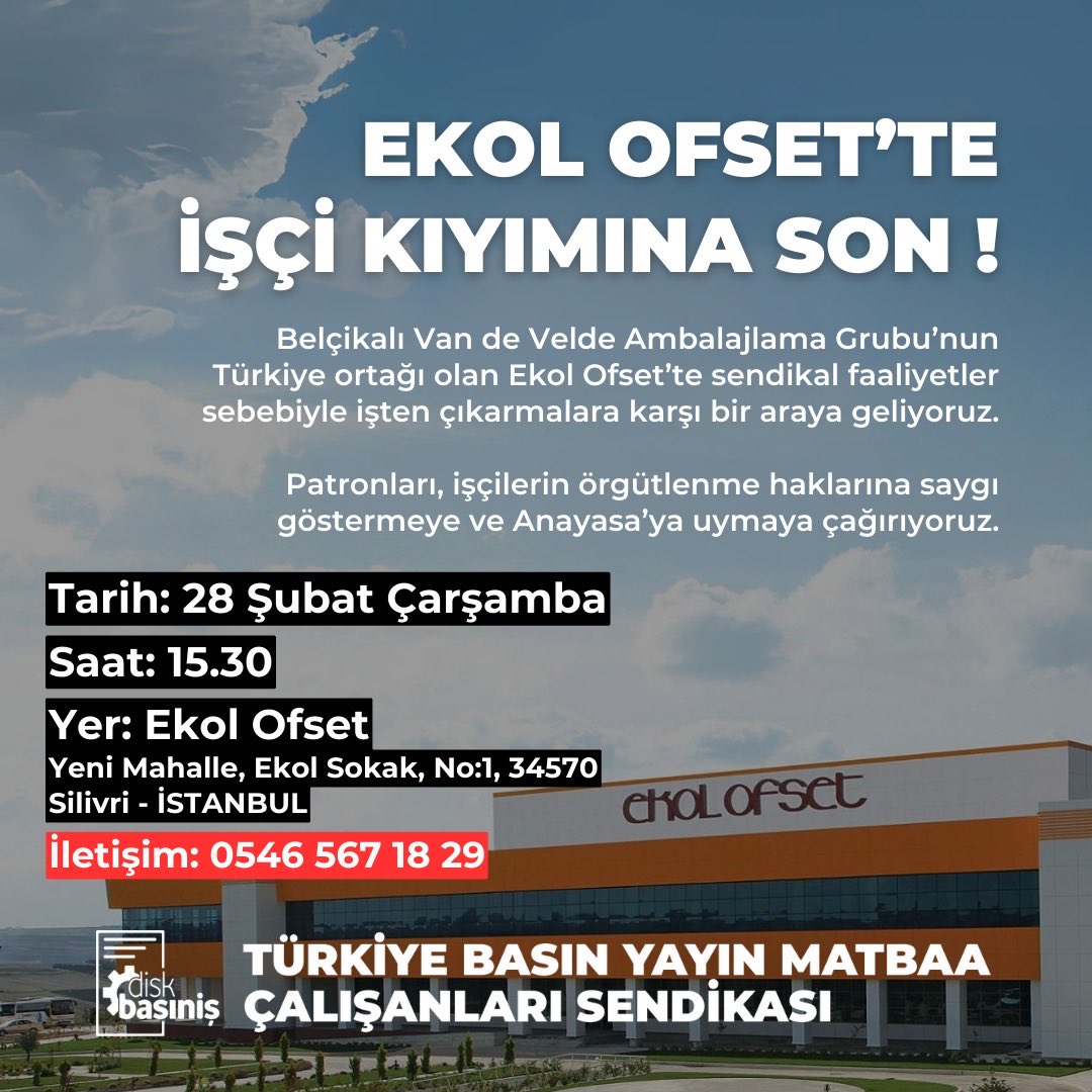 📢 EKOL OFSET’TE İŞÇİ KIYIMINA SON!

Sendikal faaliyetler sebebiyle işçileri işten çıkaran Ekol Ofset patronlarını, işçilerin örgütlenme haklarına saygı göstermeye ve Anayasa’ya uymaya çağırıyoruz. 

🗓️28 Şubat Çarşamba
🕕15:30 
📍Ekol Ofset önü