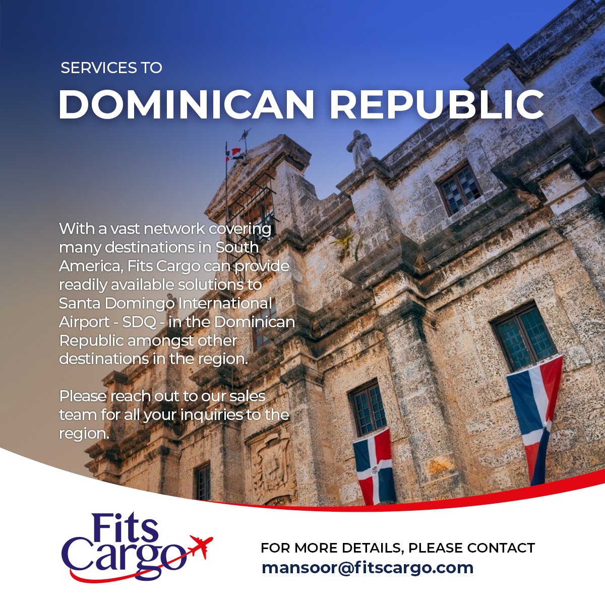 For any Air exports from BOM, COK or GOI to Las Américas International Airport (SDQ), Dominican Republic, please feel free to contact me on mansoor@fitscargo.com #Aircargo #Export #Airfreight #import #logistics #Freightforwarding #Supplychain #Pharma #Chemicals #dgcargo #exim