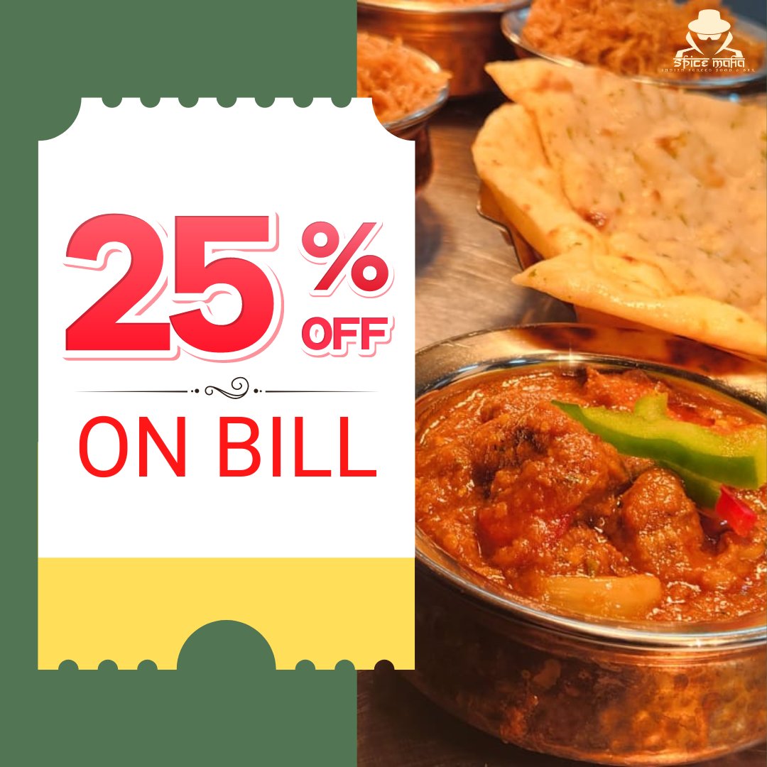 Spice Mafia invites you to dine with a delightful 25% OFF on Bill!

Treat yourself to the best #Indianflavors without breaking the bank. Flavorful savings await you!

Call 0161 222 3880 or click spicemafia.app4food.co.uk/reservations.

#spicemafia #foodoffer #indianrestaurant #urmston