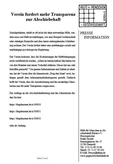 --> 3 Brände + 1 Todesfall in letzten 6 Monaten 
--> regelmäßig #Isolationshaft 

Verein "Hilfe für Menschen in #Abschiebehaft #Büren" fordert von Landesregierung + Bezirksregierung sofortige Transparenz zu Haftbedingungen und Sanktionsmaßnahmen. 

#IFG 
gegenabschiebehaft.de/hfmia/index.ph…