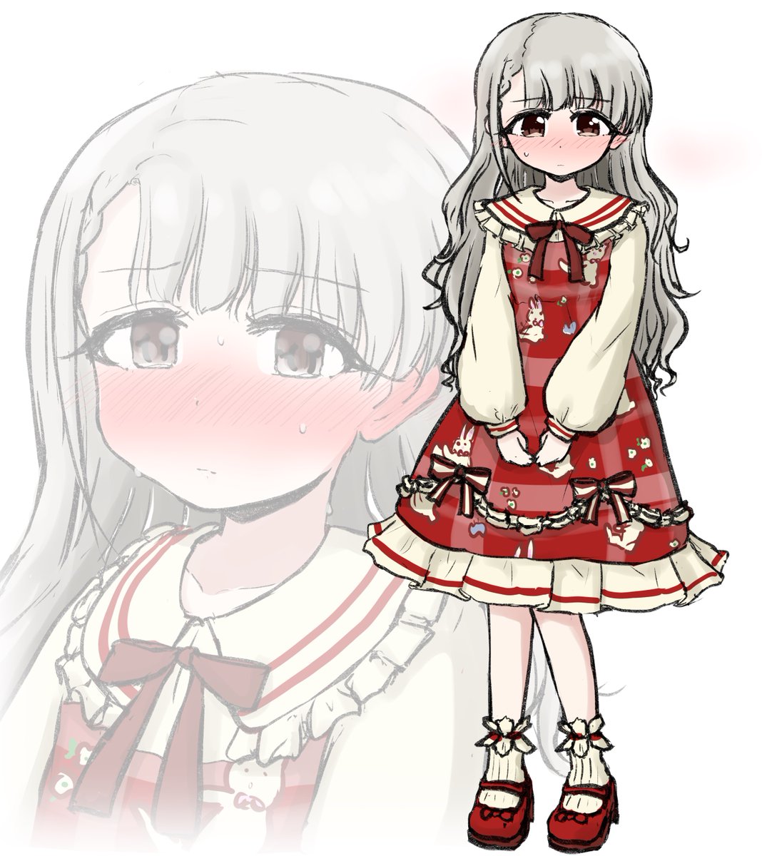 1girl grey hair dress long hair blush zoom layer red footwear  illustration images