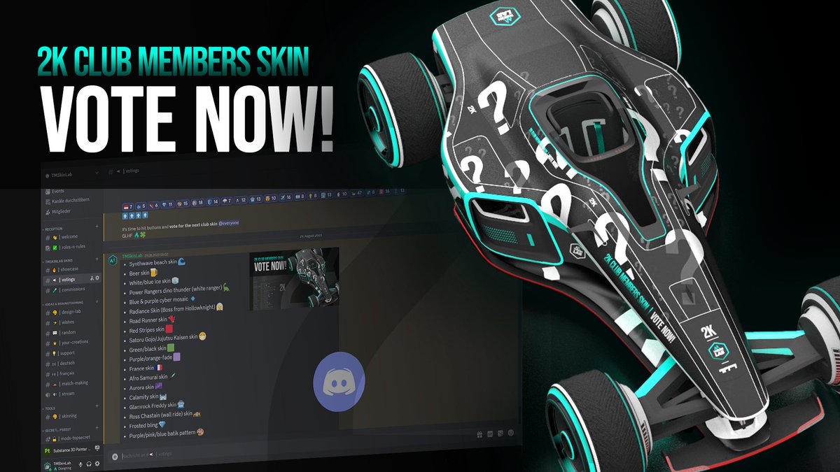 Attention TM racers! 🔥
I've hit a major milestone with 2000 club members!
🥳🥳
It's time to celebrate by choosing the next iconic club skin! One lucky retweeter will be randomly selected to win a personalized version of the winning skin!

Cast your vote: discord.gg/bxuFyfu3sX