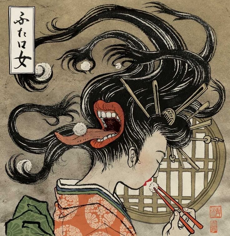 In #JapaneseFolklore futakuchi onna is a #yokai that looks like a normal woman, but who is actually hiding a second mouth under the hair on the back of her head. Endlessly hungry, she stuffs whatever food she finds into this ravenous extra mouth.
#FolkloreSunday