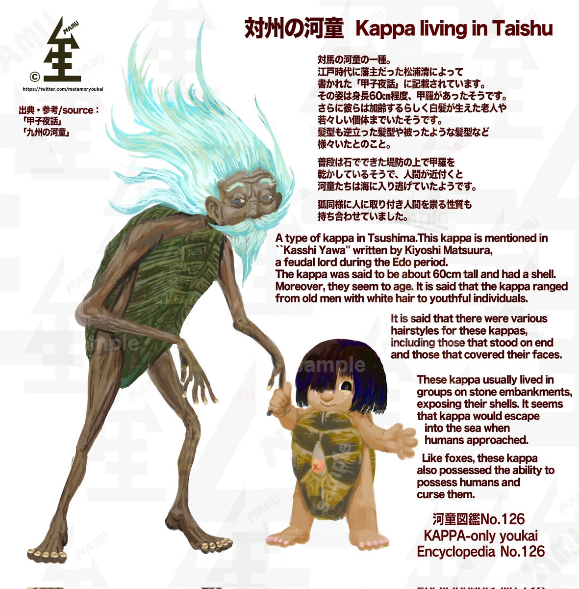 遅れましたが今日は対州の河童です！
藩主が言及した老人も子供も集団で甲羅背負ってる髪型自由河童。
今日で一応本にすると3冊目の折り返し地点です！また夏頃に2冊目を考えてますのでまたご報告します！
kappa-only youkai Encyclopedia
No.126:Kappa living in Taishu

#yokai    #JapaneseFolklore