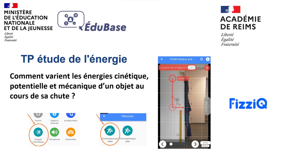 [Scénario pédagogique #PC]
TP étude de l'énergie : Etude des énergies cinétique, potentielle et mécanique lors de la chute d'un objet avec <a href="/fizziqlab/">Fizziqlab</a>
 Une activité expérimentée en classe par l’<a href="/AcReims/">Académie de Reims</a>
✅ Niveaux : 1ères STI2D &amp; en spécialité
#édubase
➡️ edubase.eduscol.education.fr/fiche/22359