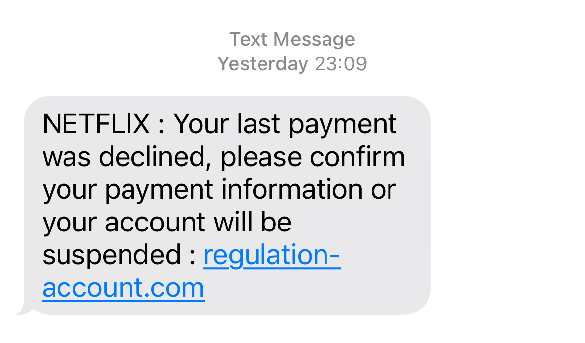 As you can see, my next Netflix payment is due this day week, but I got a text message last night saying my payment had been declined. This scam is a new one, for me anyway. Don't be caught out!
